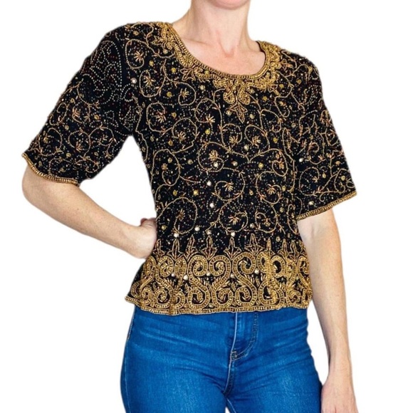Paaneri India Black & Gold Beaded Sparkly Bohemian Blouse - Picture 1 of 7